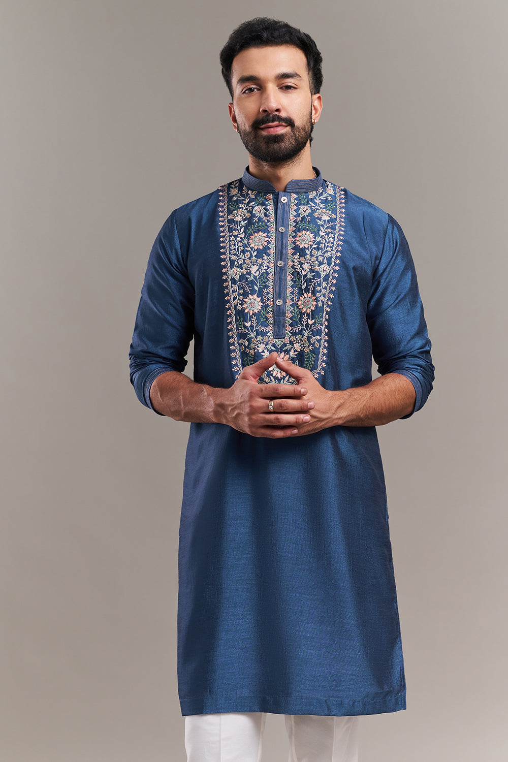 Peacock Blue Nokia Silk Floral Yoke Men's Kurta Set