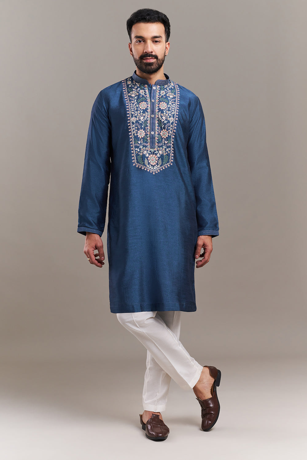 Peacock Blue Nokia Silk Floral Yoke Men's Kurta Set
