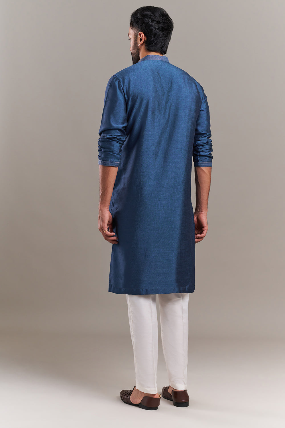 Peacock Blue Nokia Silk Floral Yoke Men's Kurta Set