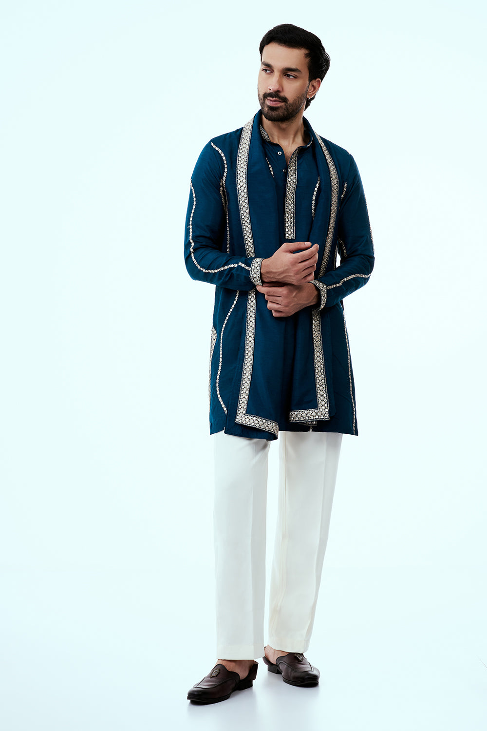 Peacock Blue Nokia Silk Mens Kurta Set with Mirror and Embroidered Work