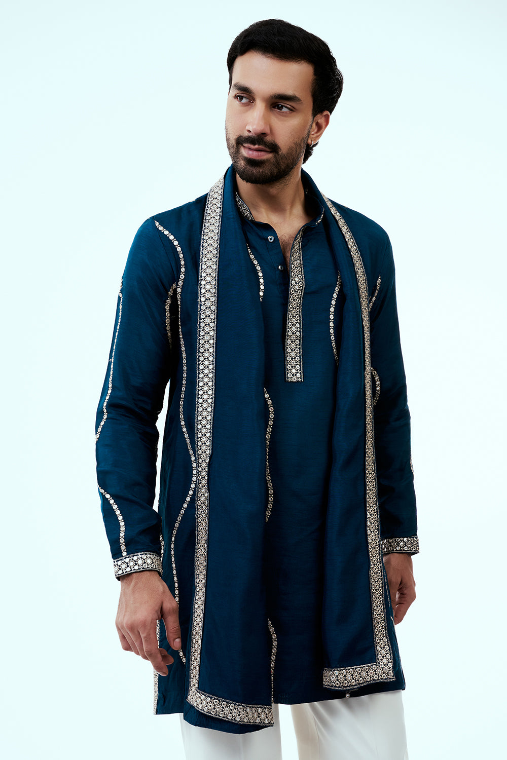 Peacock Blue Nokia Silk Mens Kurta Set with Mirror and Embroidered Work