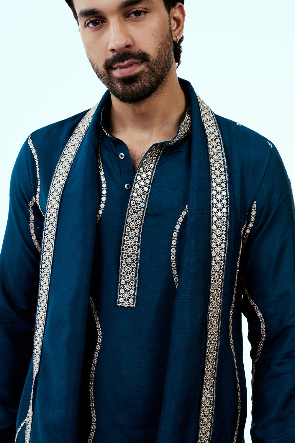 Peacock Blue Nokia Silk Mens Kurta Set with Mirror and Embroidered Work