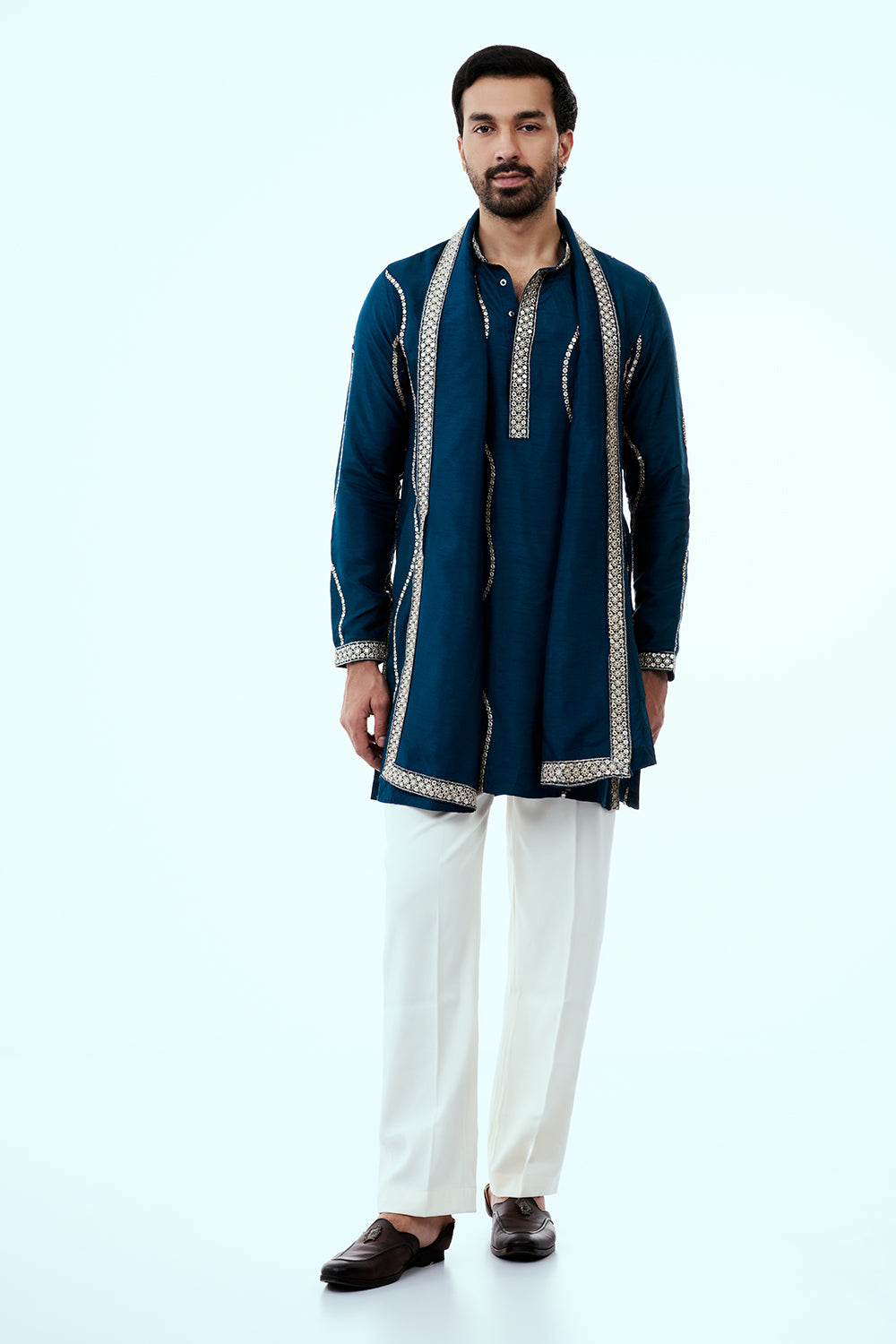 Peacock Blue Nokia Silk Mens Kurta Set with Mirror and Embroidered Work