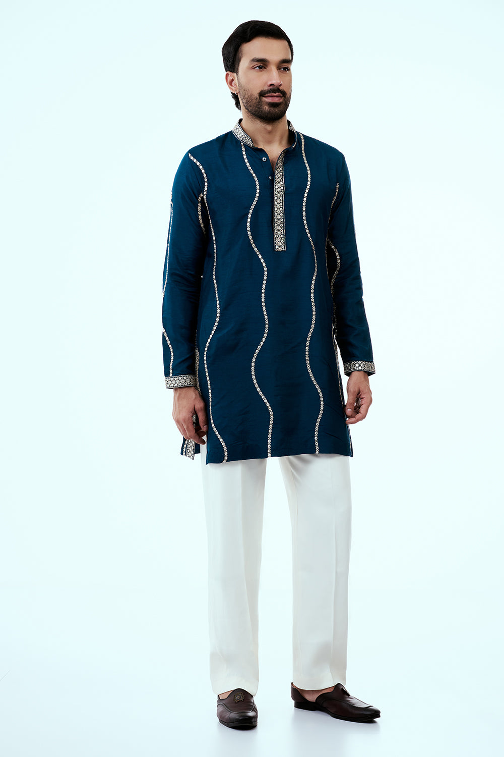 Peacock Blue Nokia Silk Mens Kurta Set with Mirror and Embroidered Work