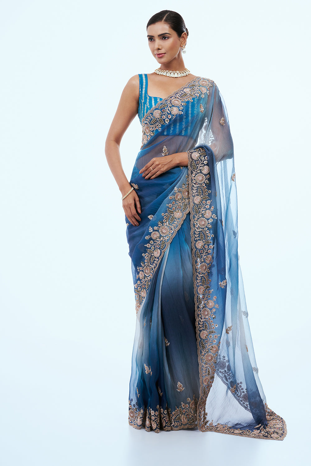 Peacock Blue Organza Saree with Zari Work