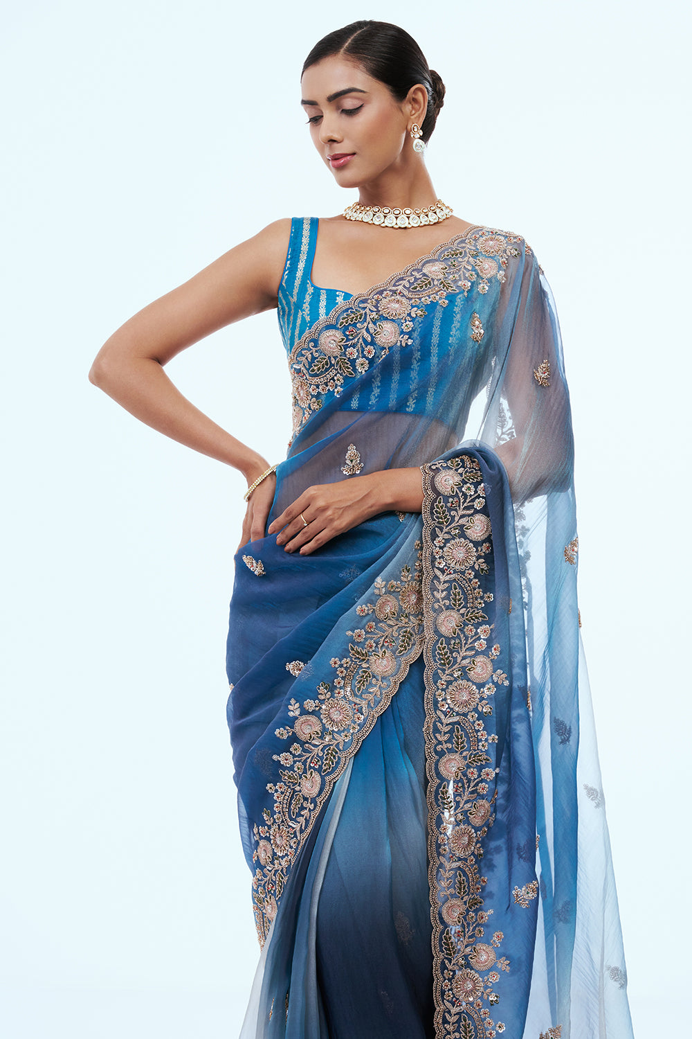Peacock Blue Organza Saree with Zari Work