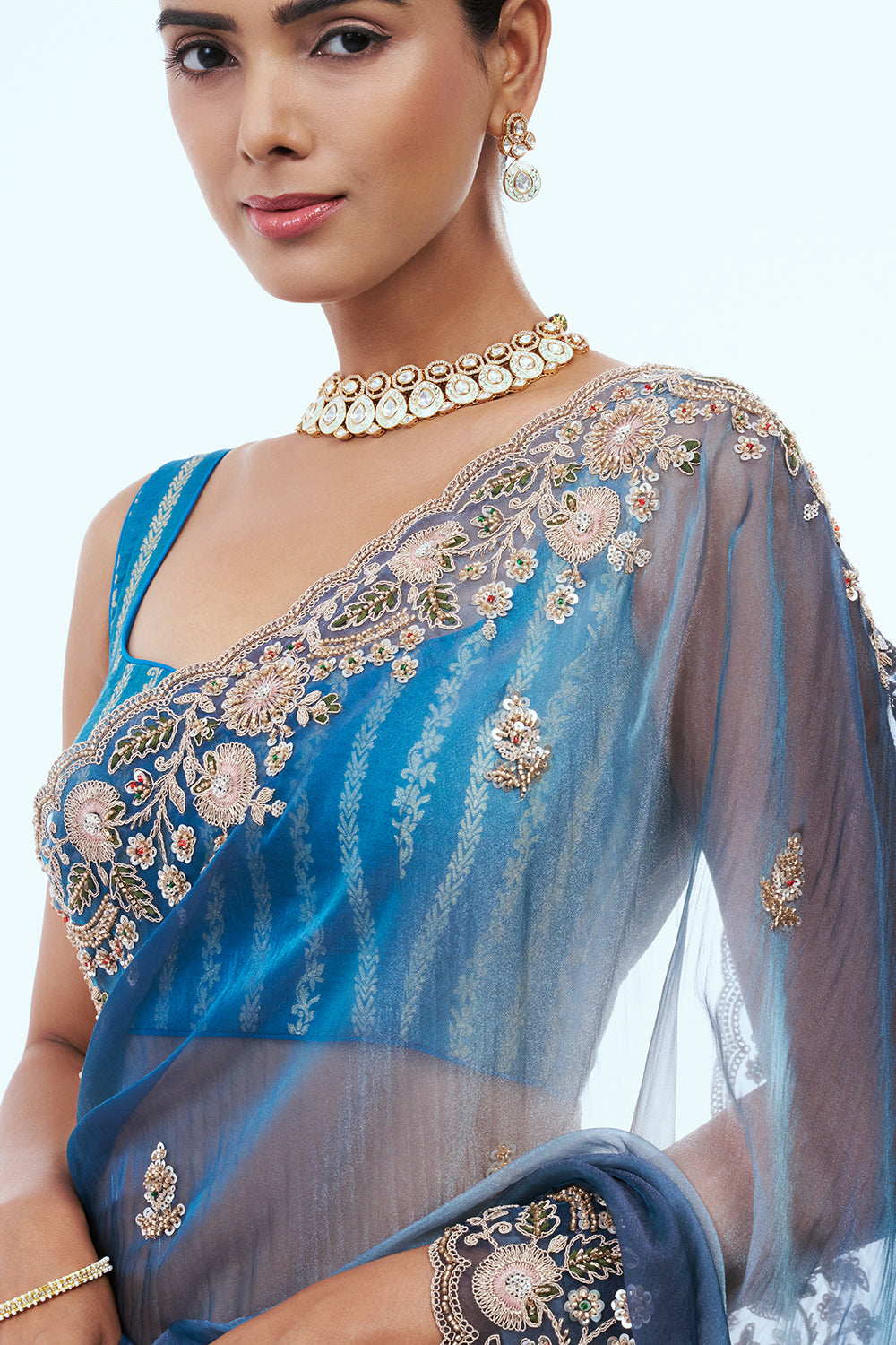 Peacock Blue Organza Saree with Zari Work
