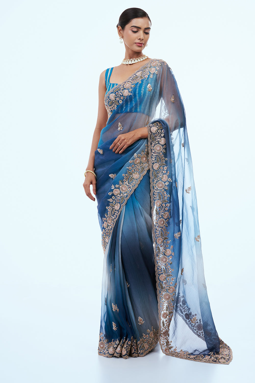 Peacock Blue Organza Saree with Zari Work