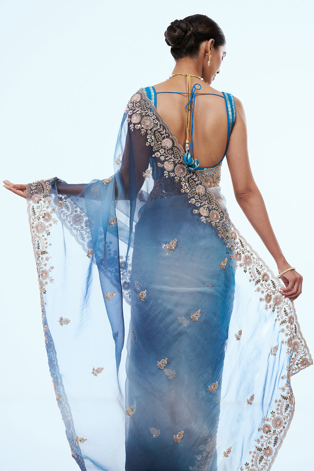 Peacock Blue Organza Saree with Zari Work