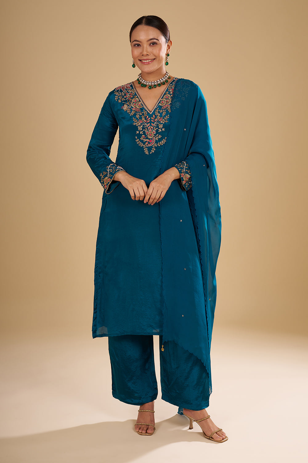 Peacock Blue Pure Crepe Kurta Set