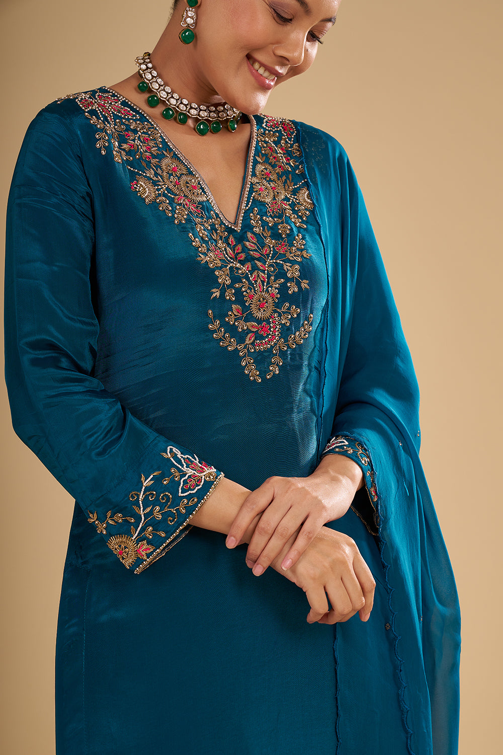 Peacock Blue Pure Crepe Kurta Set