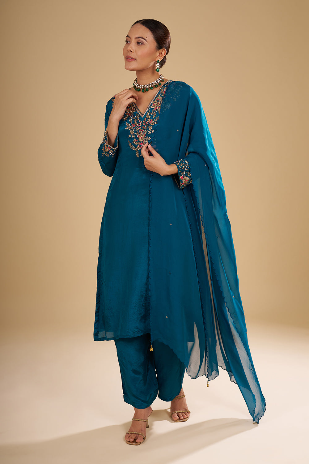 Peacock Blue Pure Crepe Kurta Set