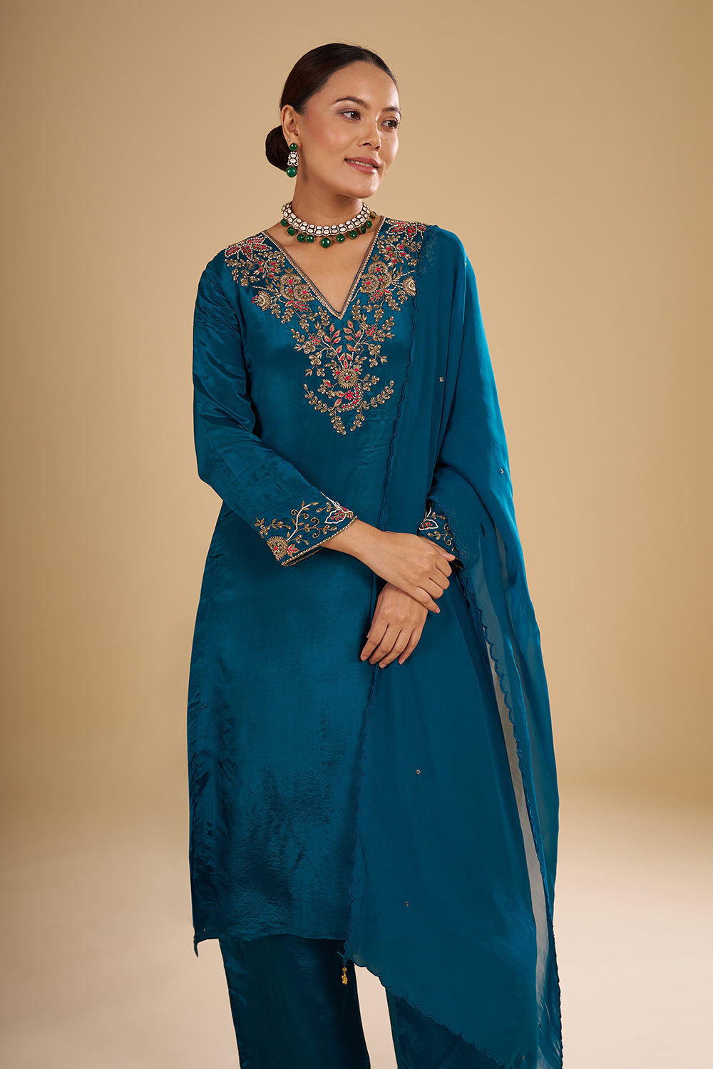 Peacock Blue Pure Crepe Kurta Set