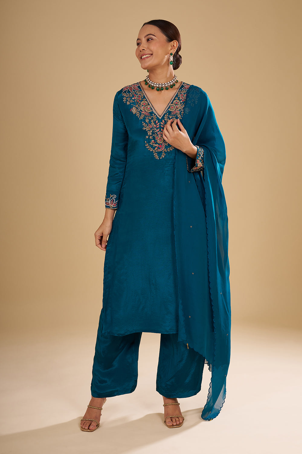 Peacock Blue Pure Crepe Kurta Set