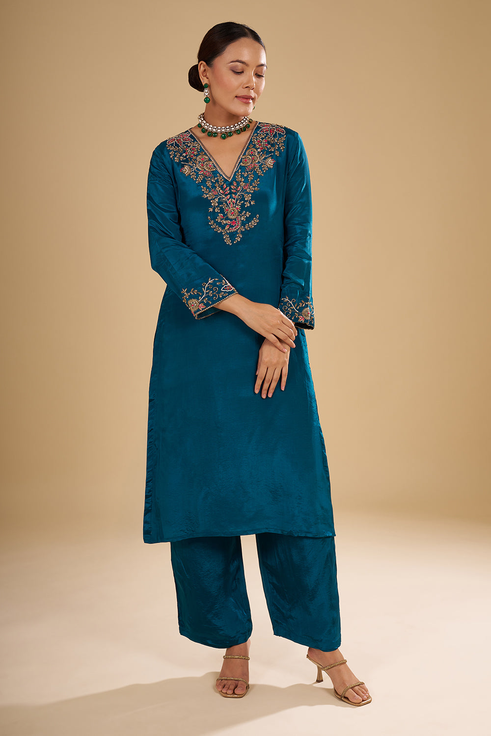 Peacock Blue Pure Crepe Kurta Set