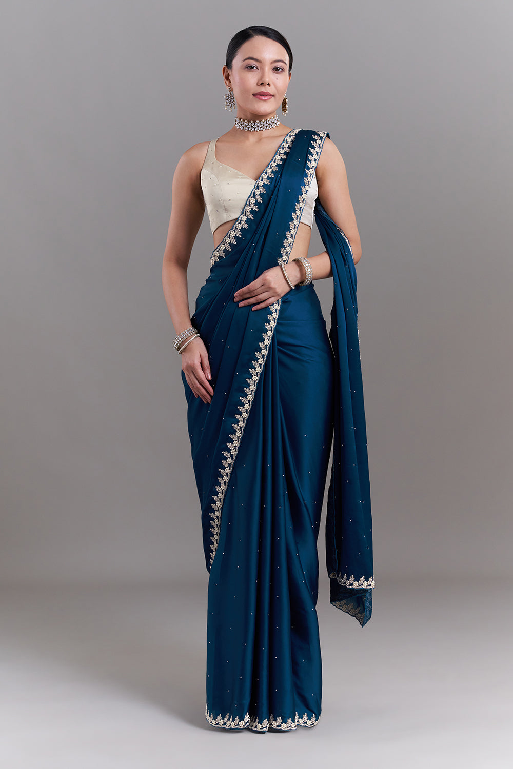 Peacock Blue Satin Embellished Saree