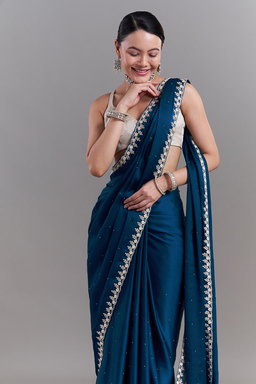 Peacock Blue Satin Embellished Saree