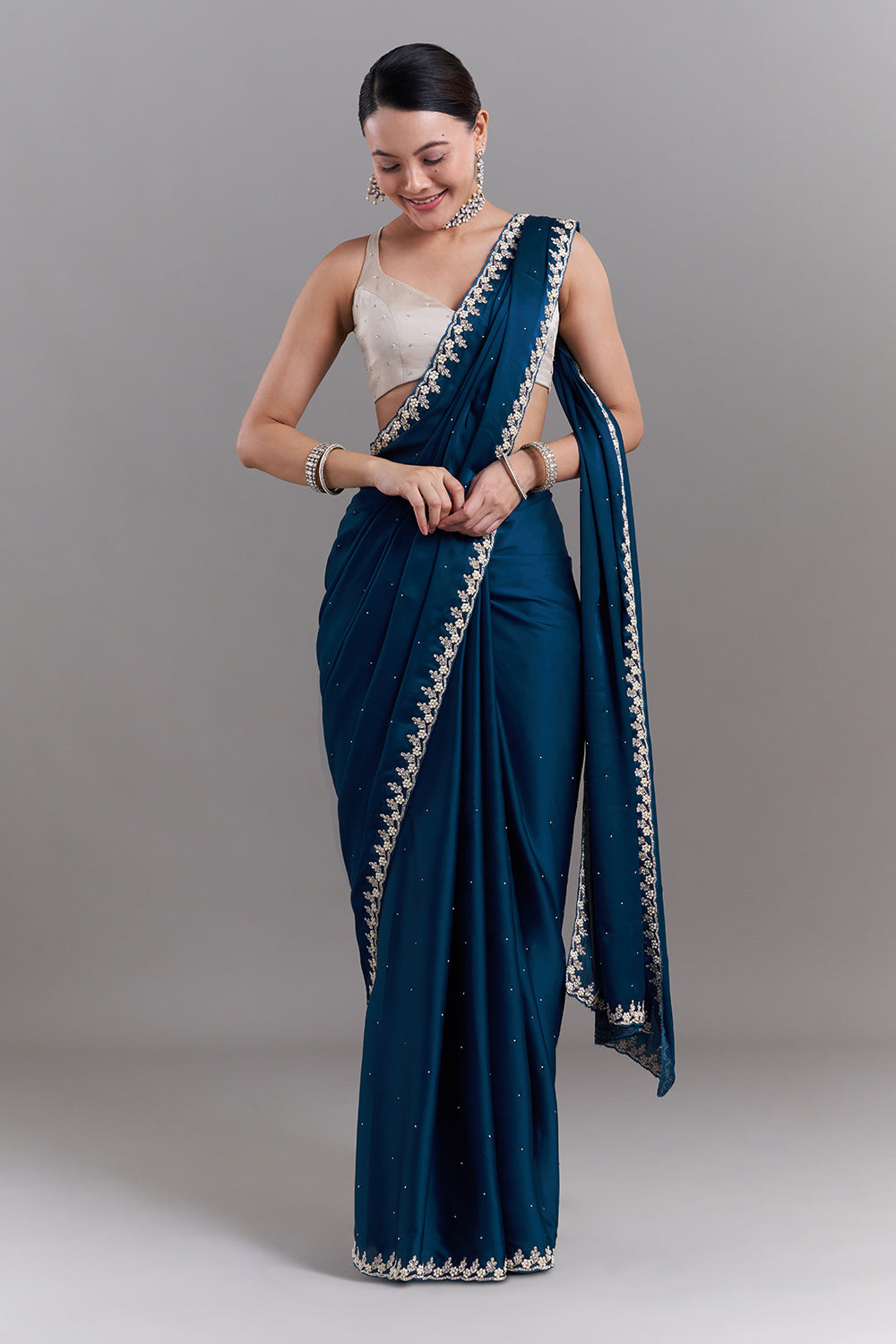 Peacock Blue Satin Embellished Saree