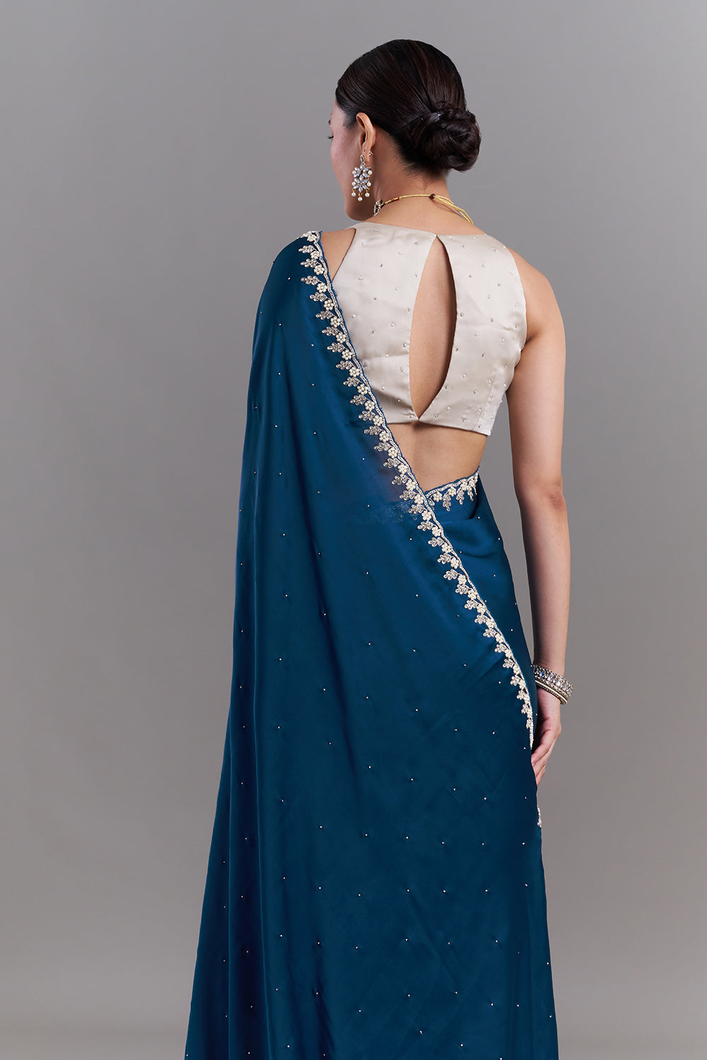 Peacock Blue Satin Embellished Saree