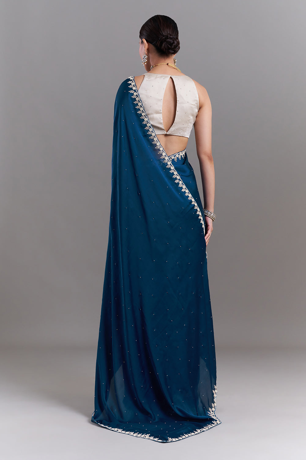 Peacock Blue Satin Embellished Saree