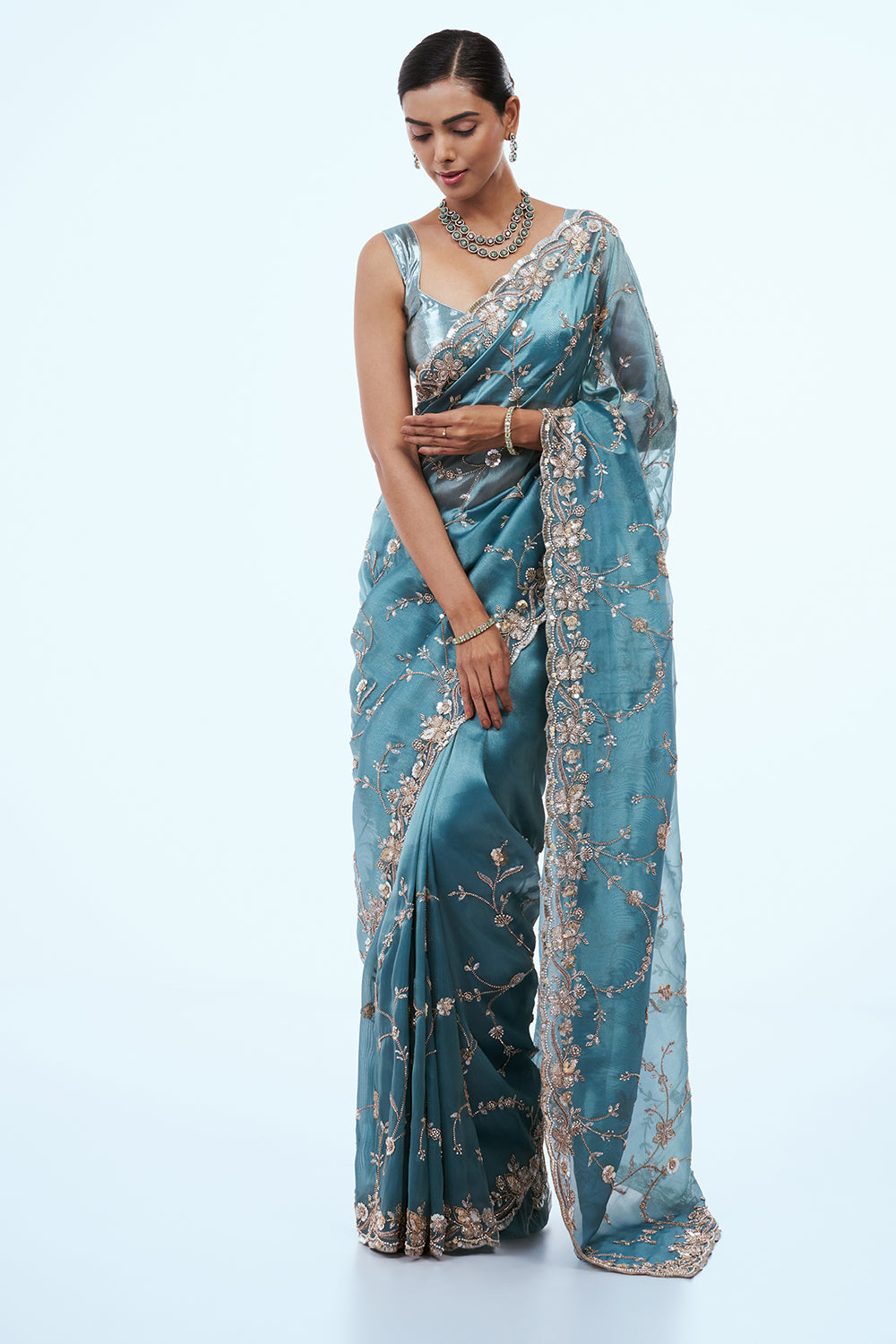 Peacock Blue Shimmer Zari Tissue Saree with Sequins