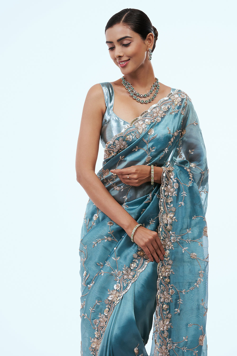 Peacock Blue Shimmer Zari Tissue Saree with Sequins
