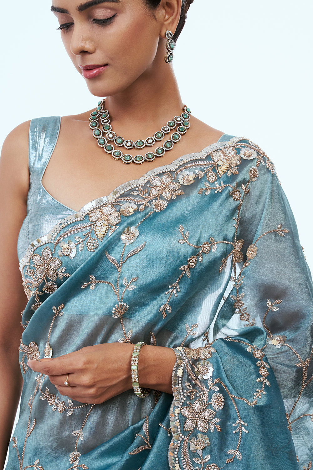 Peacock Blue Shimmer Zari Tissue Saree with Sequins