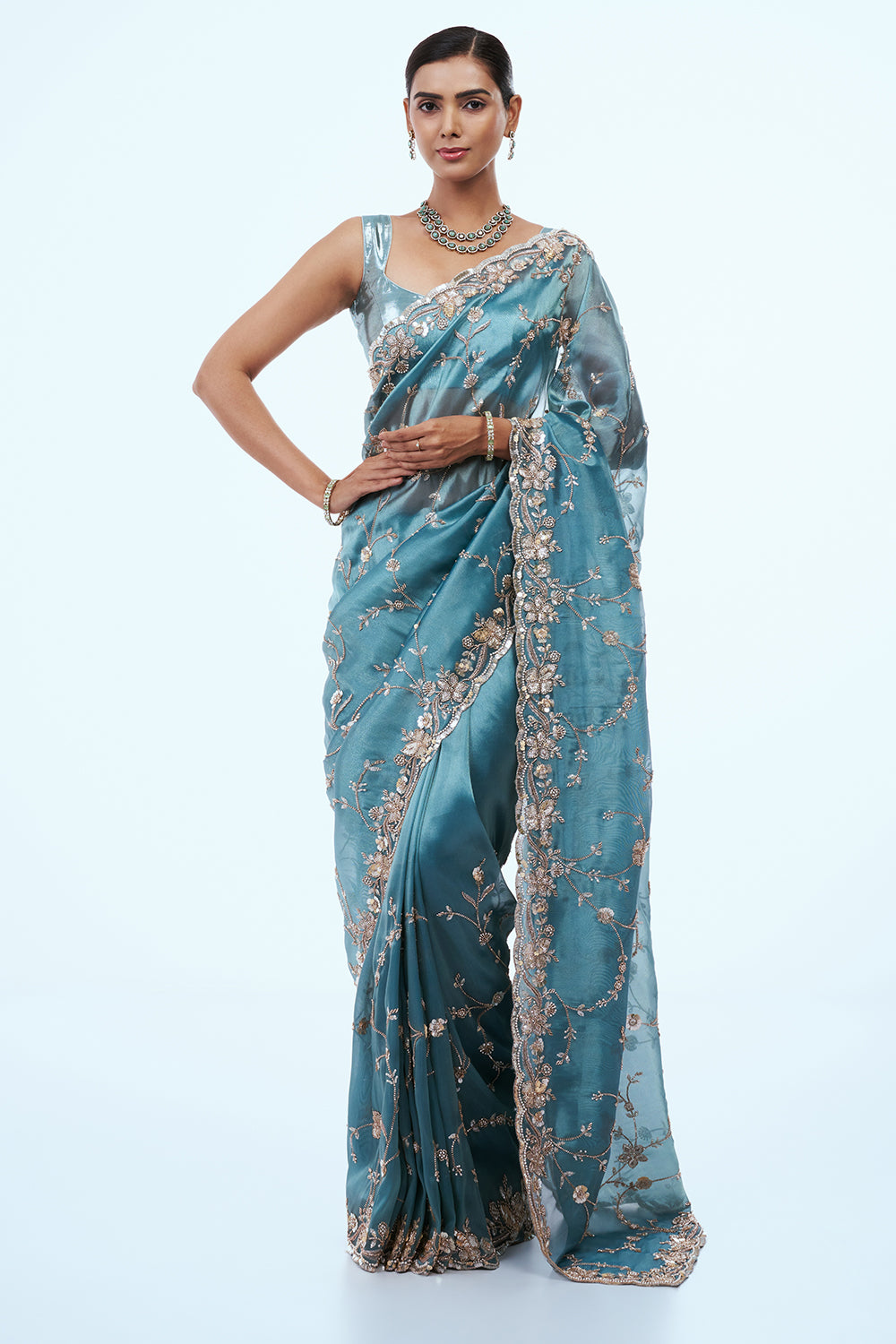 Peacock Blue Shimmer Zari Tissue Saree with Sequins