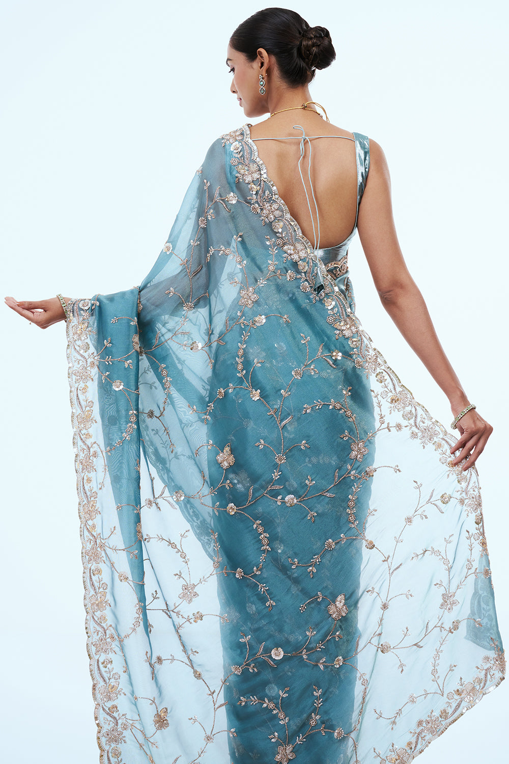 Peacock Blue Shimmer Zari Tissue Saree with Sequins