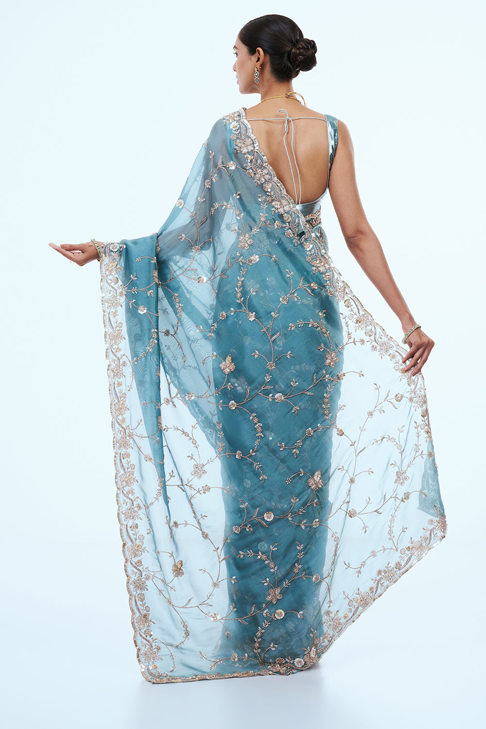 Peacock Blue Shimmer Zari Tissue Saree with Sequins