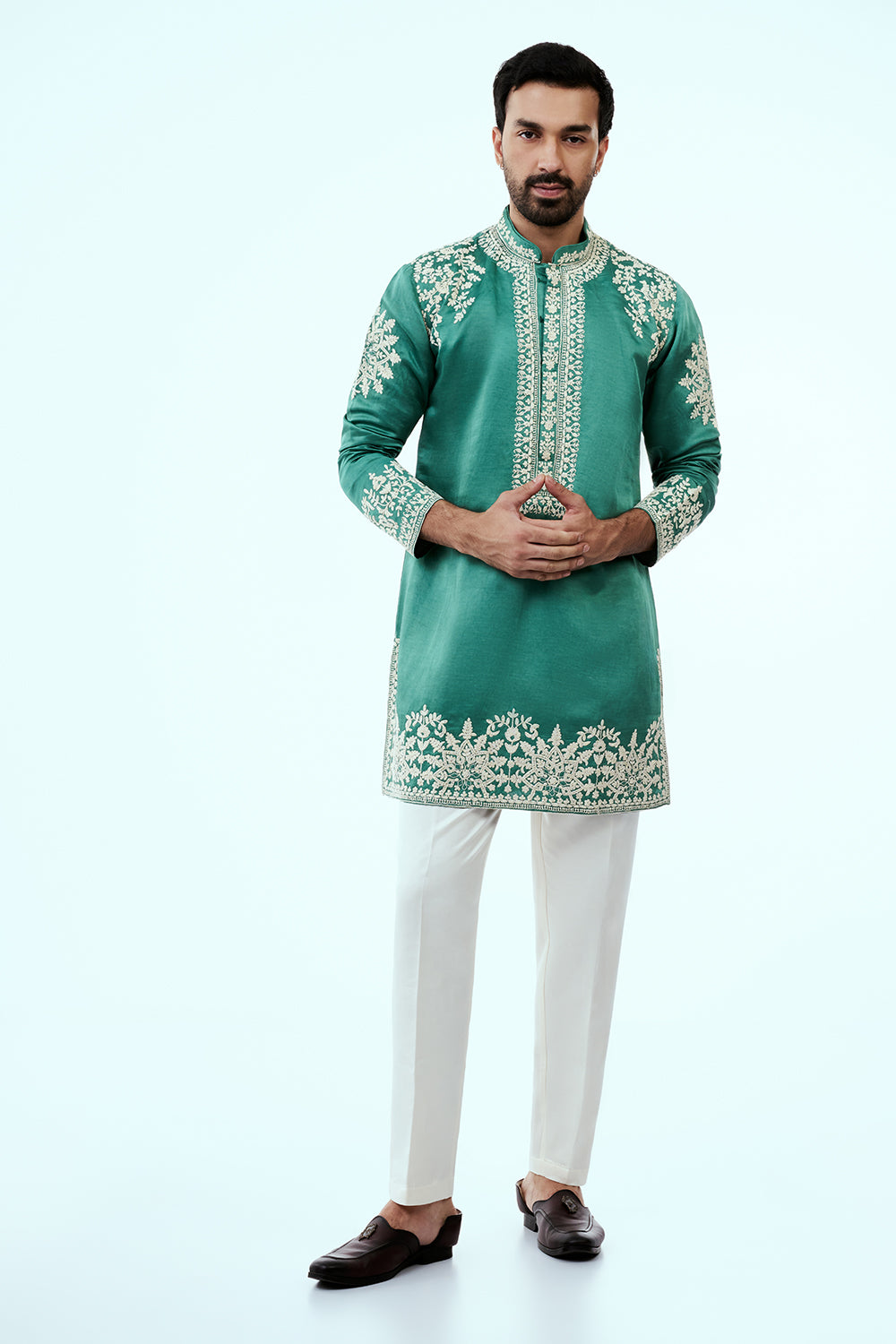Peacock Green Linen Silk Mens Kurta Set with Resham Embroidery