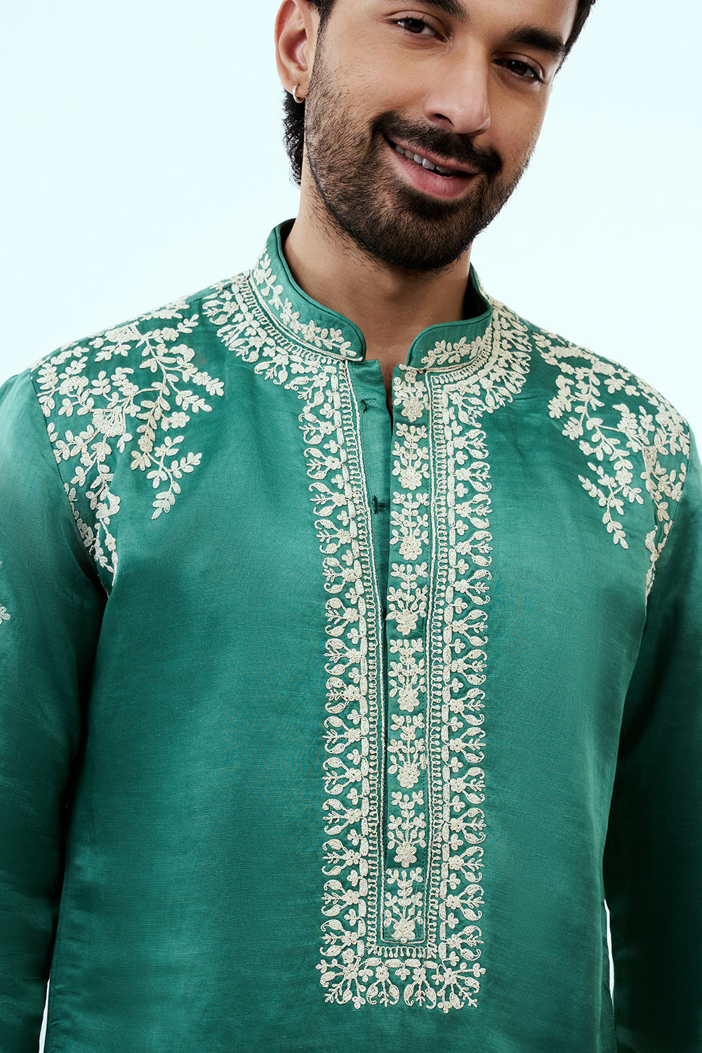 Peacock Green Linen Silk Mens Kurta Set with Resham Embroidery