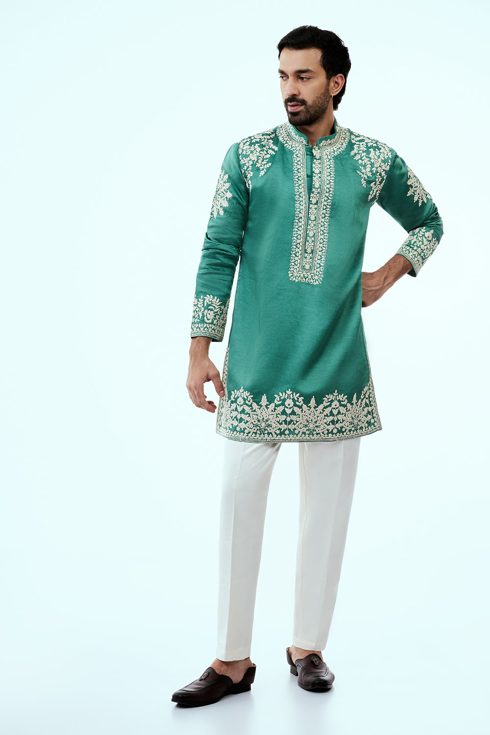 Peacock Green Linen Silk Mens Kurta Set with Resham Embroidery
