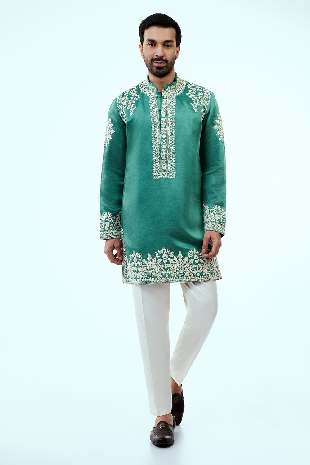Peacock Green Linen Silk Mens Kurta Set with Resham Embroidery