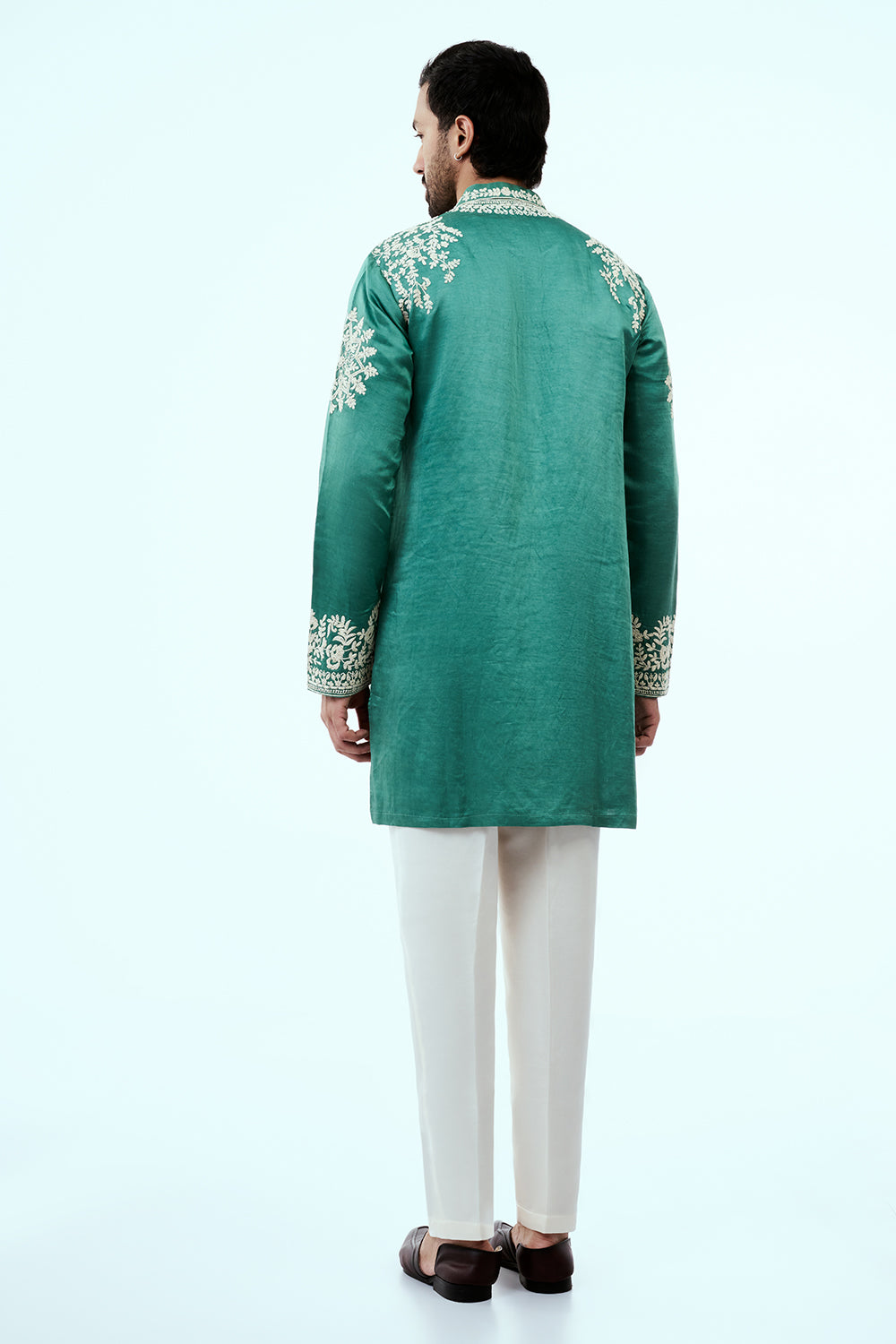 Peacock Green Linen Silk Mens Kurta Set with Resham Embroidery