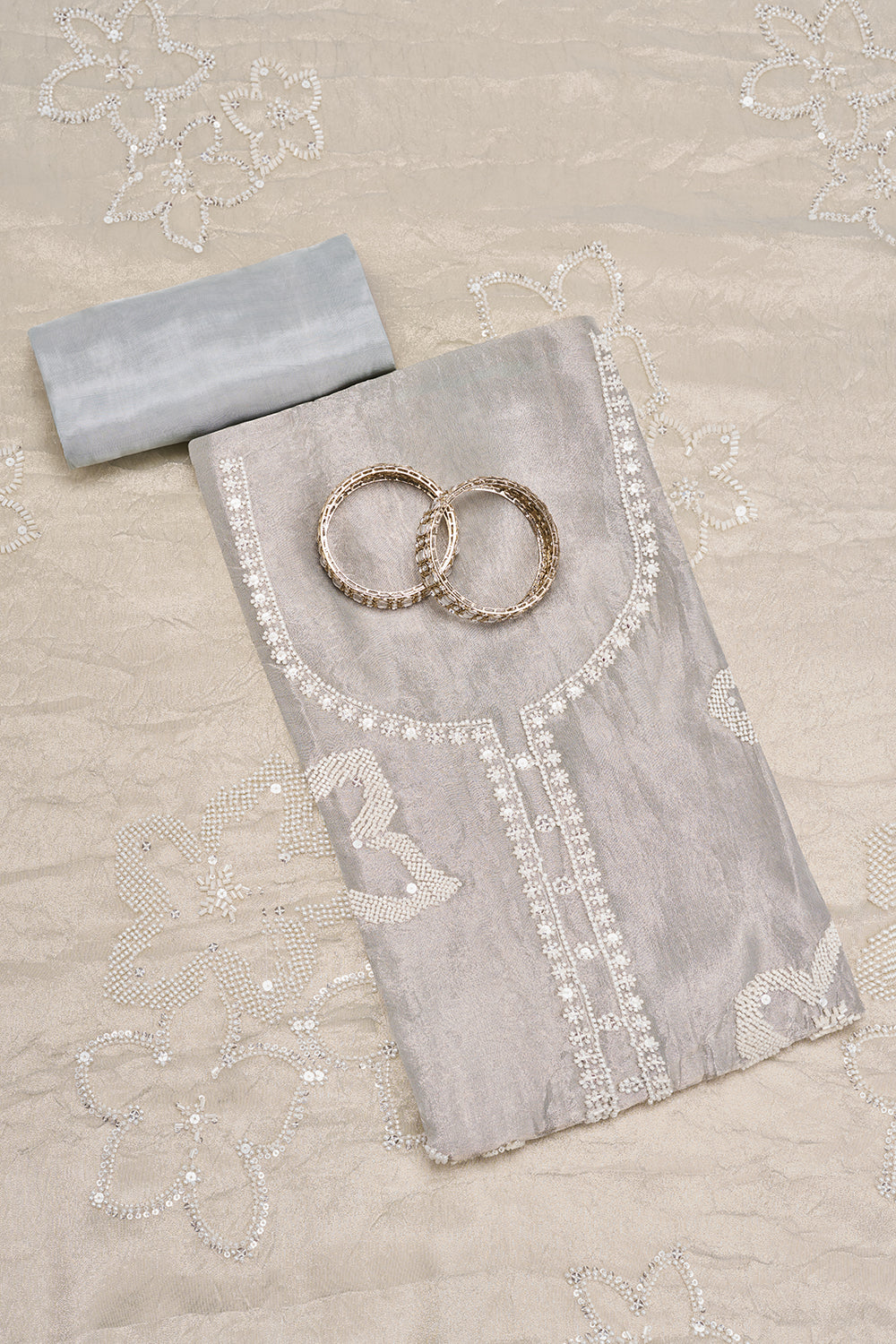 Light Grey Embroidered Cutdana Unstitched Suit Set