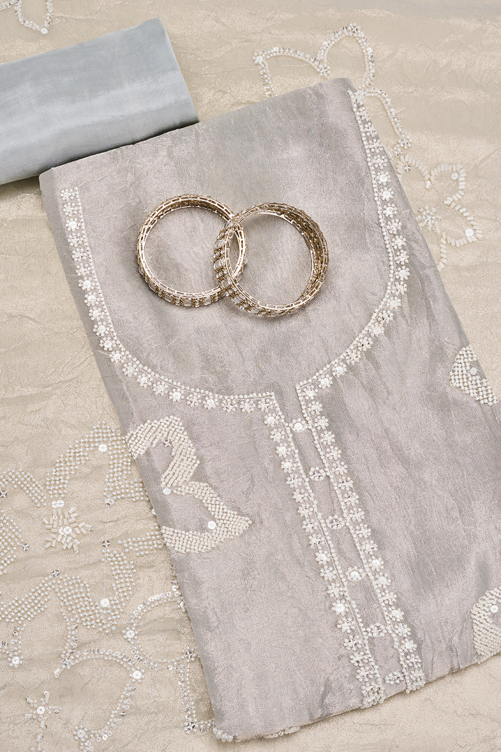 Light Grey Embroidered Cutdana Unstitched Suit Set