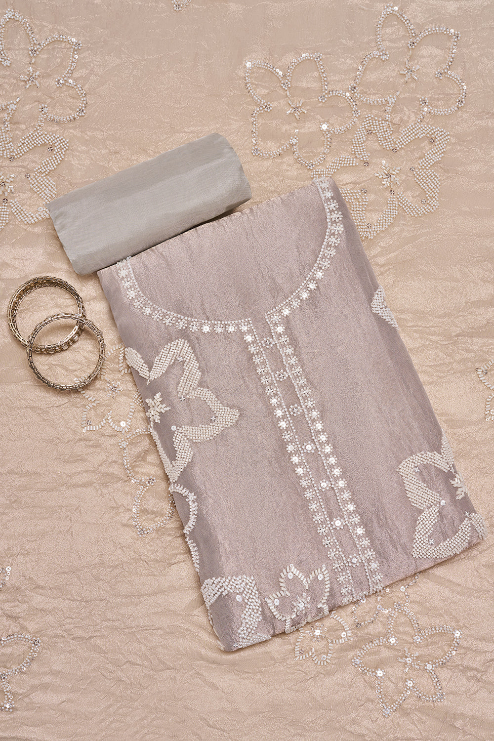 Pearl Grey Floral Embroidered Unstitched Suit Set