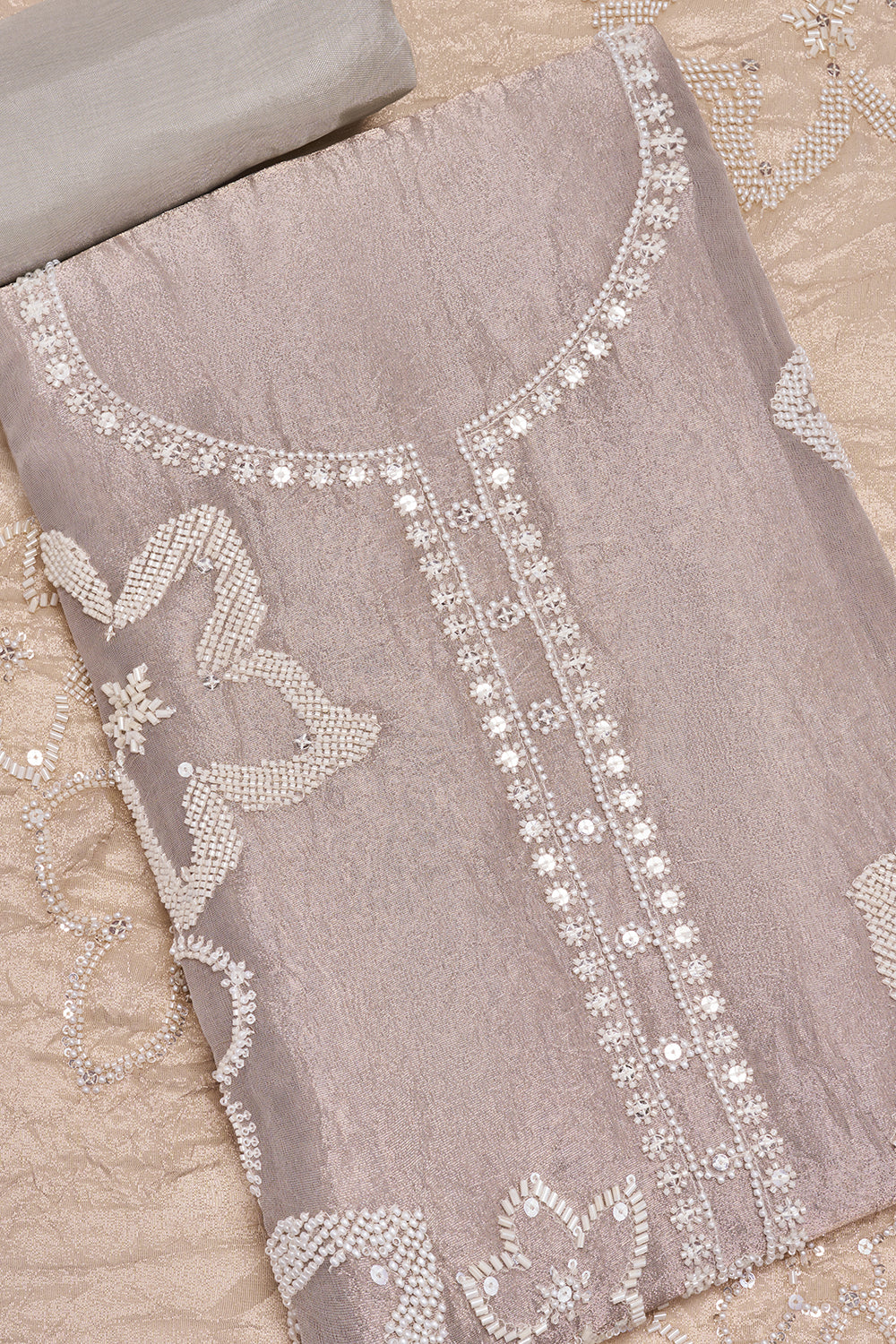 Pearl Grey Floral Embroidered Unstitched Suit Set