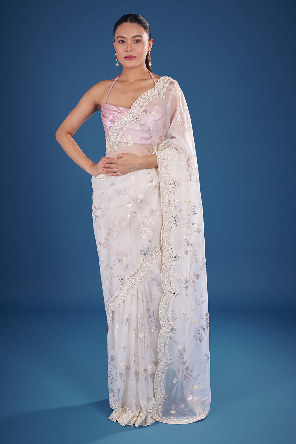Pearl Ivory Satin Organza Saree with Floral Sequin Embroidery and Unstitched Blouse