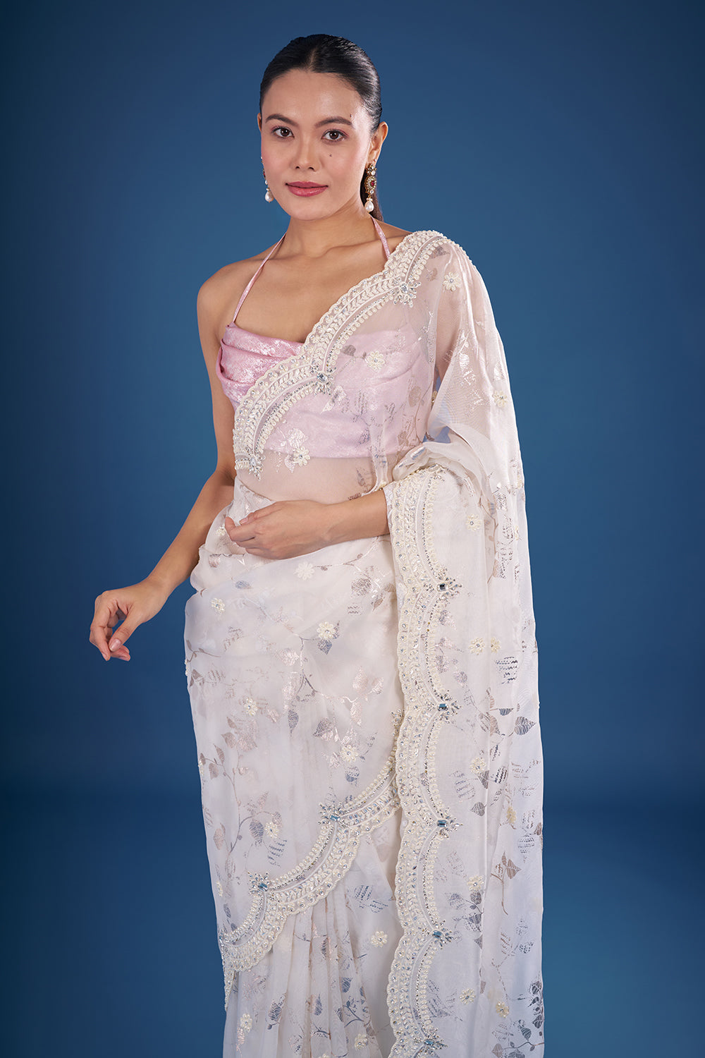 Pearl Ivory Satin Organza Saree with Floral Sequin Embroidery and Unstitched Blouse