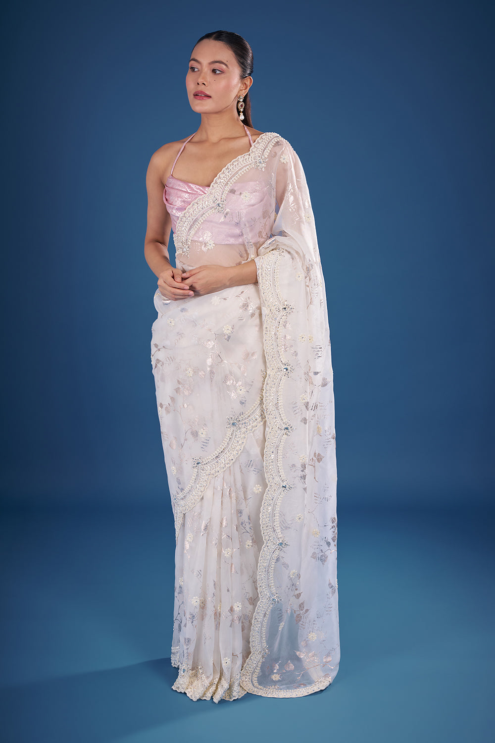 Pearl Ivory Satin Organza Saree with Floral Sequin Embroidery and Unstitched Blouse