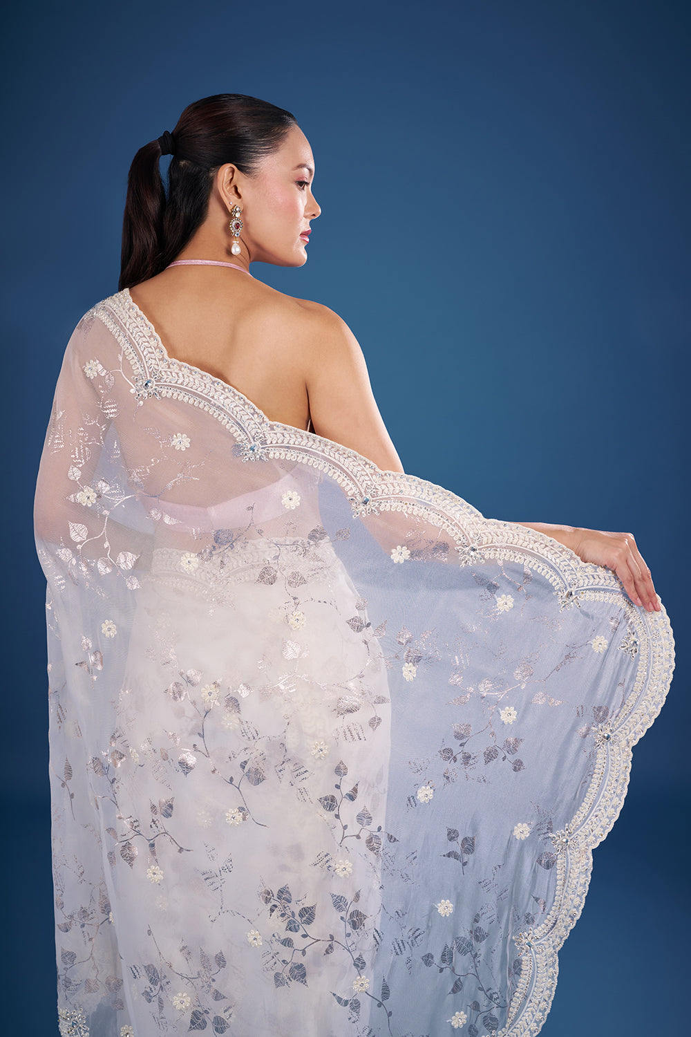 Pearl Ivory Satin Organza Saree with Floral Sequin Embroidery and Unstitched Blouse