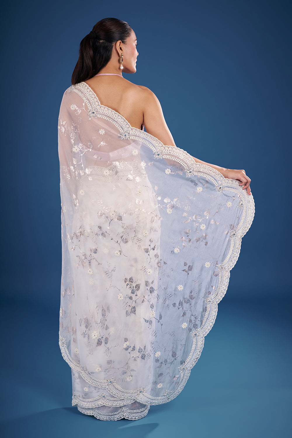 Pearl Ivory Satin Organza Saree with Floral Sequin Embroidery and Unstitched Blouse
