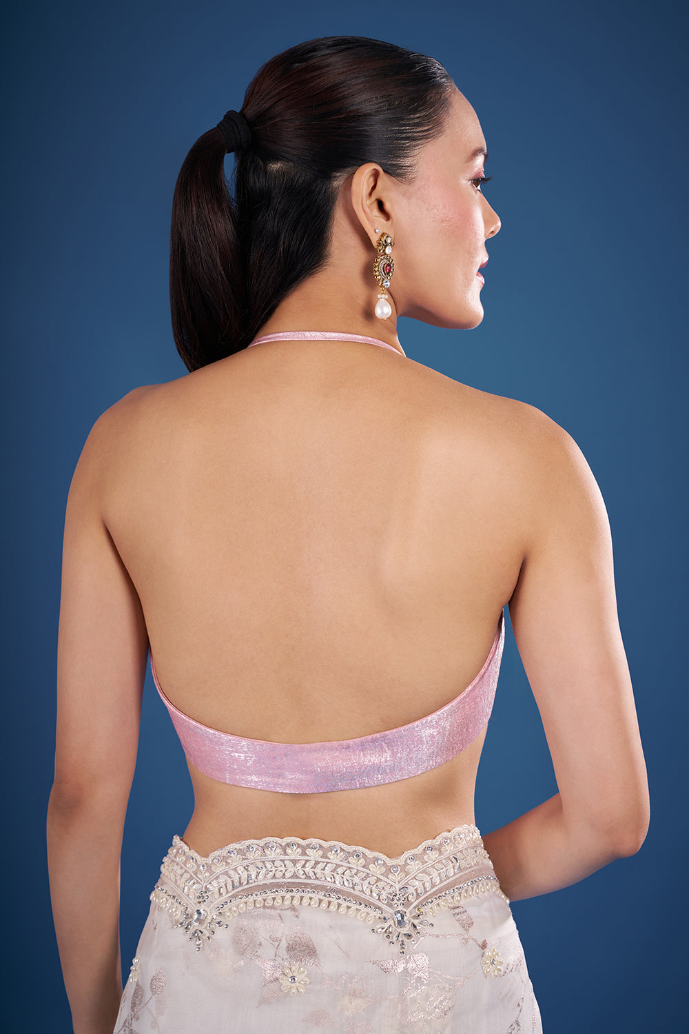 Pearl Ivory Satin Organza Saree with Floral Sequin Embroidery and Unstitched Blouse