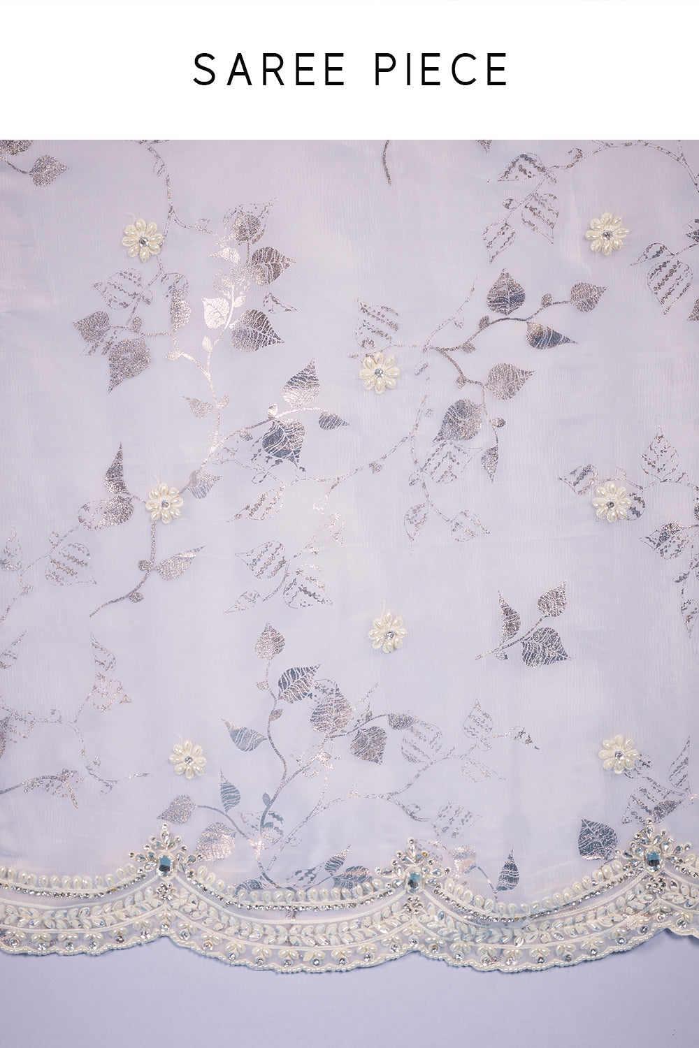 Pearl Ivory Satin Organza Saree with Floral Sequin Embroidery and Unstitched Blouse