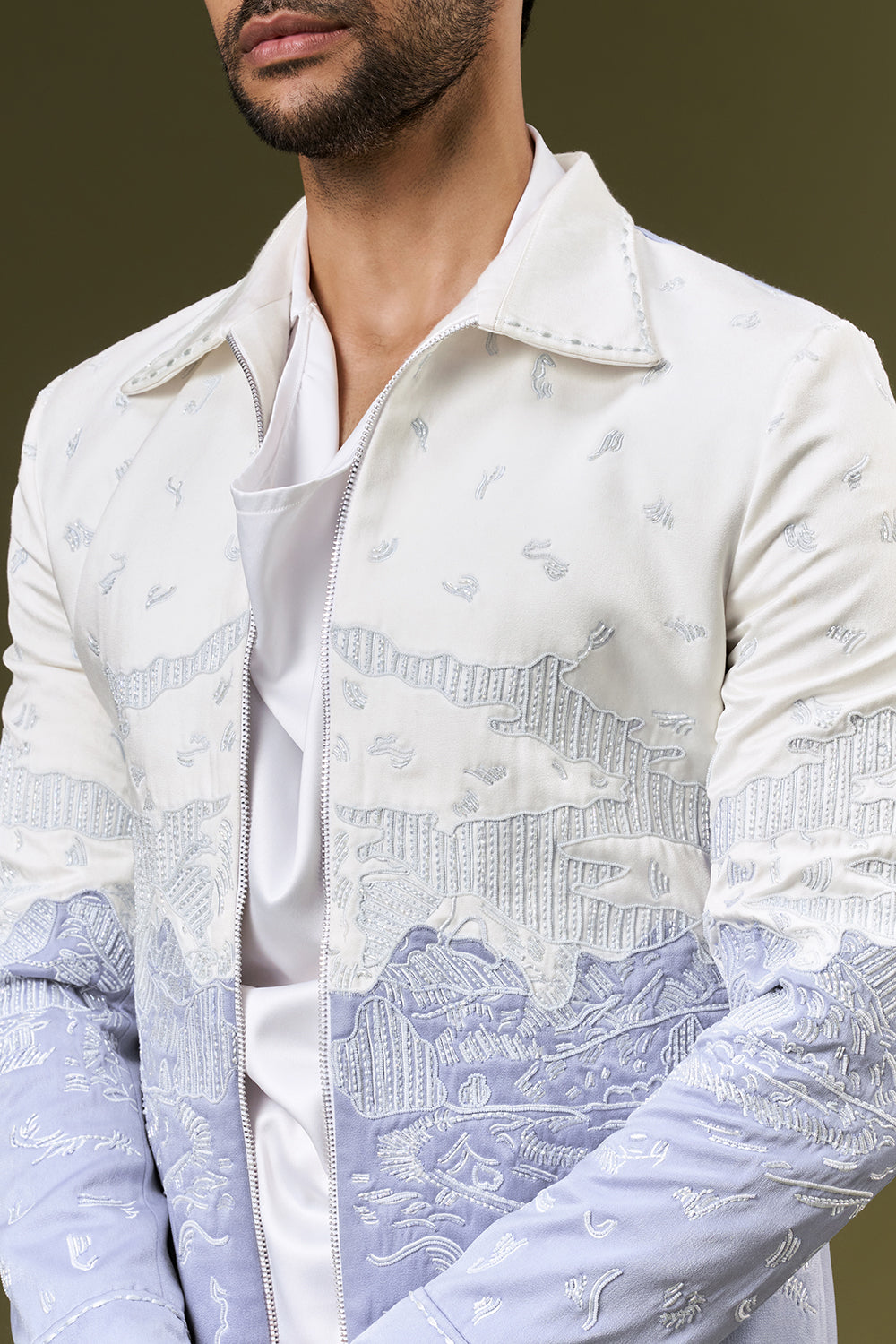 Periwinkle Blue Ombre Satin Mens Indo Western Set with Cut Dana Work