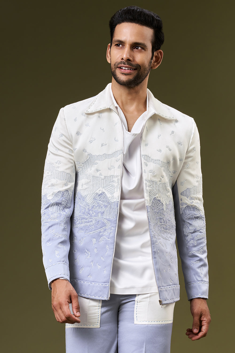 Periwinkle Blue Ombre Satin Mens Indo Western Set with Cut Dana Work