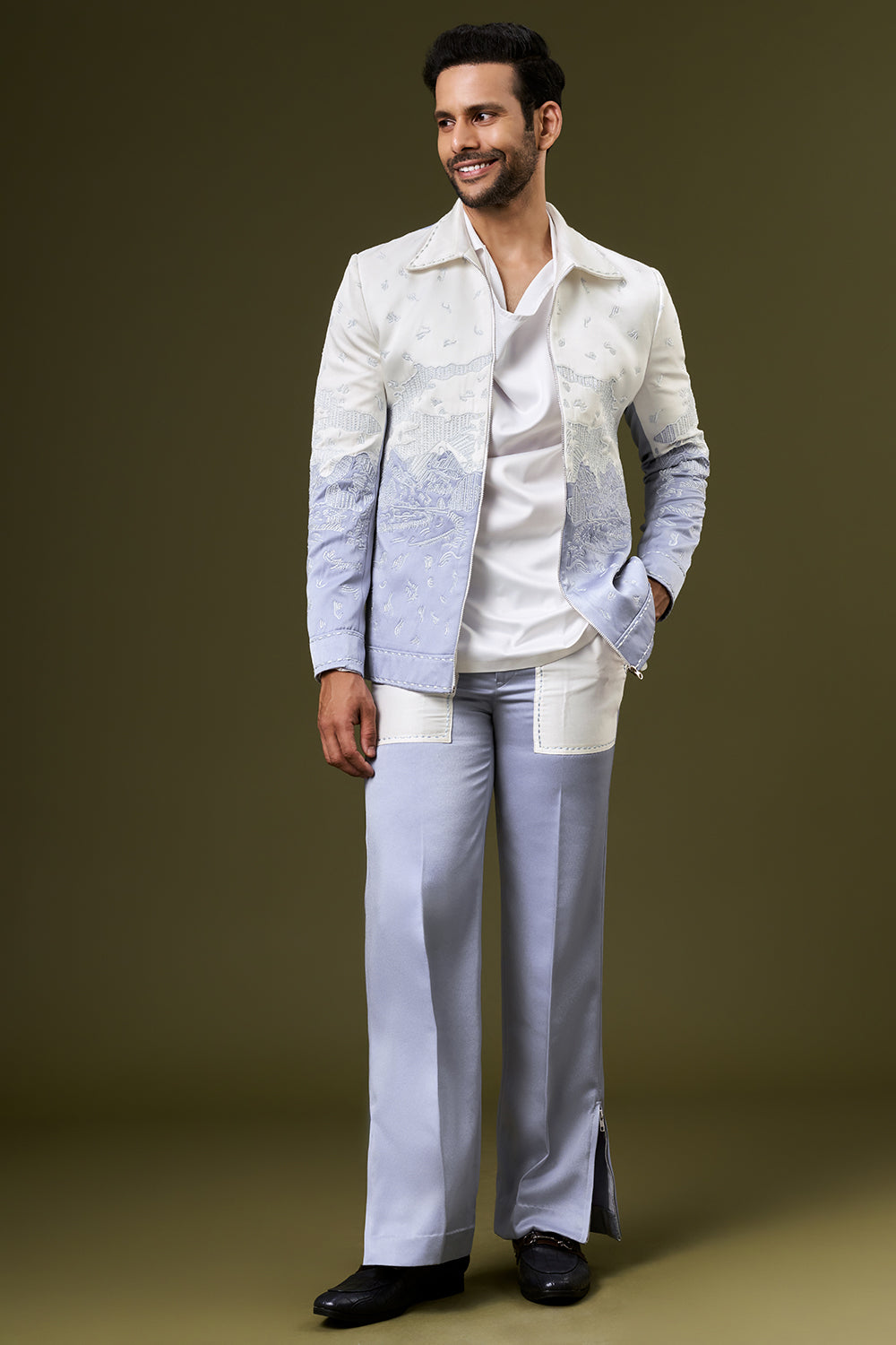 Periwinkle Blue Ombre Satin Mens Indo Western Set with Cut Dana Work