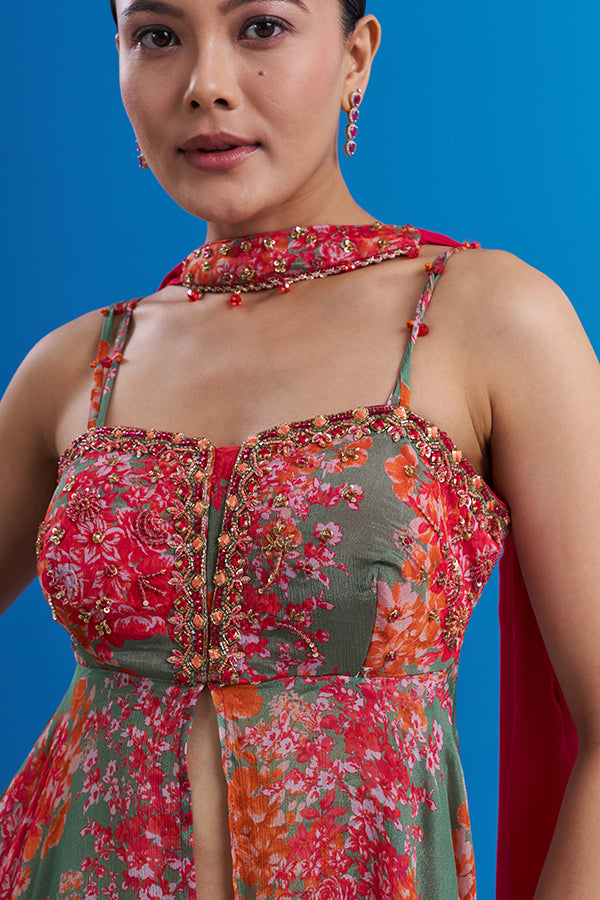 Rust Red Pure Chiffon Indo-Western Set with Thread Embroidery